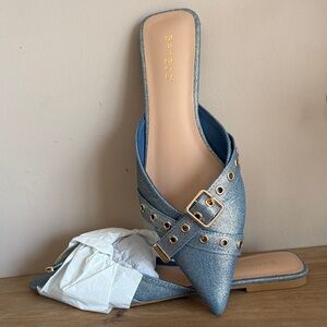 Bamboo Women's Denim Blue/Gold Buckle Mules